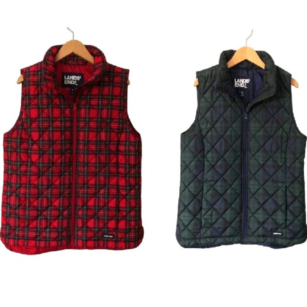 NWOT Lands End Puffer Vest Women's Plaid Full Zip Pockets Size M-Two Color Avail